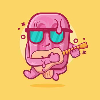 cool pink popsicle ice cream character mascot playing guitar isolated cartoon in flat style design vector