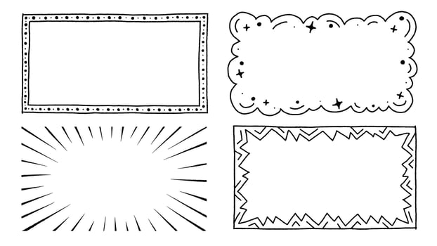 Cute Color Doodle Rectangle Black and White Cloud Star Circus Light Zig Zag Explode Anime Concentrated Manga Focus Line  Cartoon Borders Frames Set Collection Bundle vector