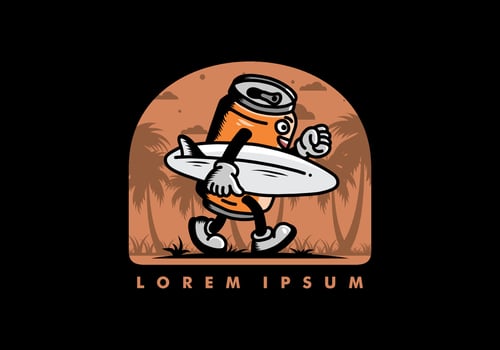 illustration of a drink can holding a surfboard vector