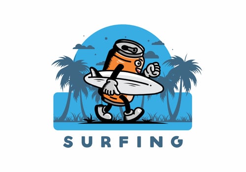 illustration of a drink can holding a surfboard vector