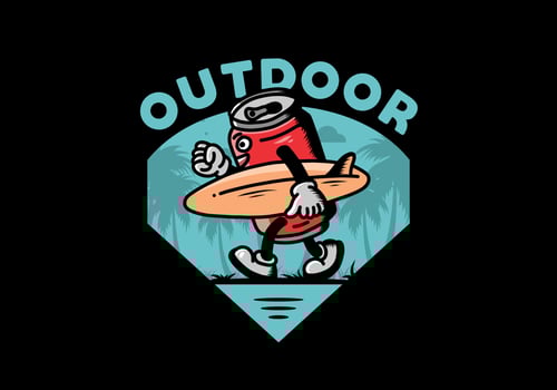 illustration of a drink can holding a surfboard vector