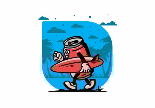 illustration of a drink can holding a surfboard vector
