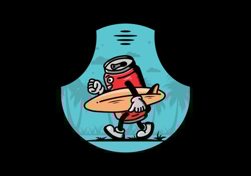 illustration of a drink can holding a surfboard vector