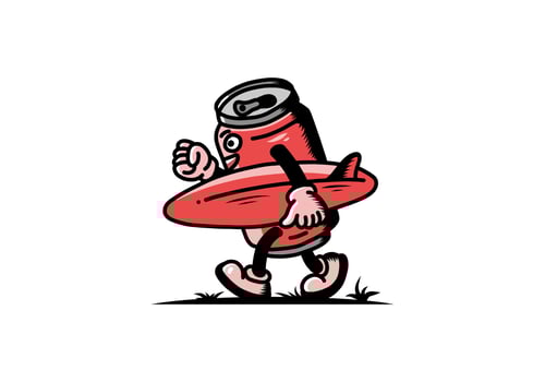 illustration of a drink can holding a surfboard vector