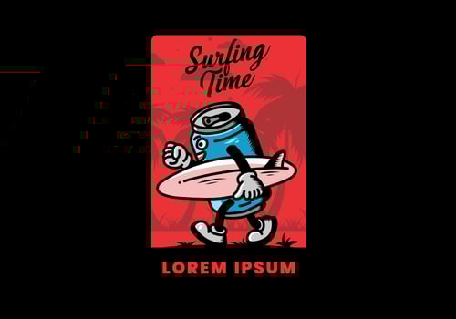illustration of a drink can holding a surfboard vector