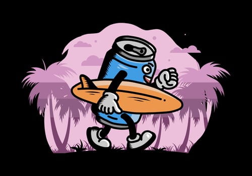 illustration of a drink can holding a surfboard vector
