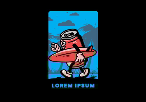 illustration of a drink can holding a surfboard vector