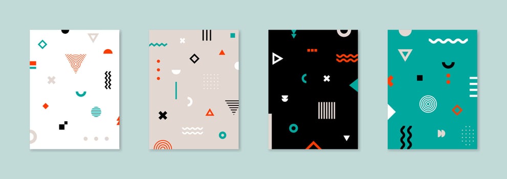 Set of 4 Placard with geometric bauhaus shapes. Retro abstract backgrounds. Vector template for Covers, Voucher, Posters, Flyers and Banners.