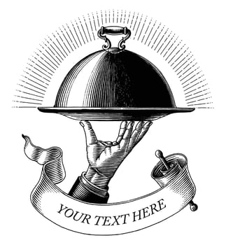 Hand holding food tray drawing vintage engraving style black and white clip art isolated on white background vector