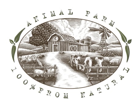 Landscape of animal farm logo hand draw vintage engraving style black and white clip art isolated on white background vector