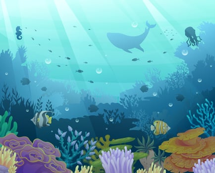 Underwater marine life illustration. Undersea world with sea ocean animals and coral reefs silhouette background vector