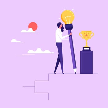 Woman holding pencil with glowing lightbulb. Concept of creativity, creative thinking, innovative idea, innovation, inspiration for creator. Flat vector illustration
