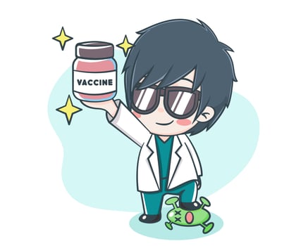 Cute male doctor holding a vaccine cartoon illustration vector
