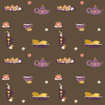 Kitchen pattern with utensils on a dark brown background for textiles, wallpapers, napkins. vector