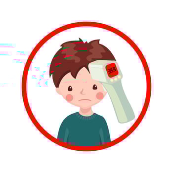 A sick boy with contactless infrared thermometer wich shows the heat temperature isolated on white background. Illustration in flat cartoon style. Vector illustration.