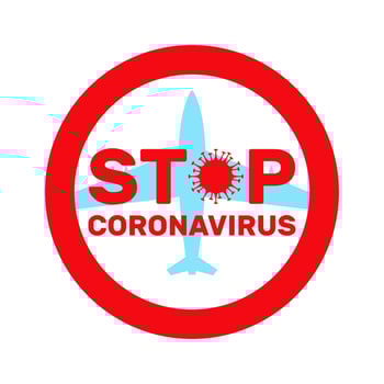 Stop Coronavirus icon with airplane and awareness phrase in flat style isolated on white background.Concept of coronavirus quarantine,COVID-19.Vector illustration. vector