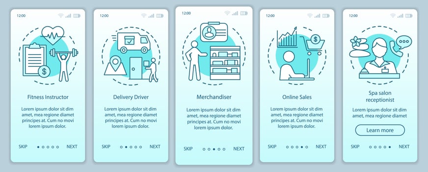 Part time job turquoise onboarding mobile app page screen vector template. Fitness instructor, driver. Walkthrough website steps with linear illustrations. UX, UI, GUI smartphone interface concept
