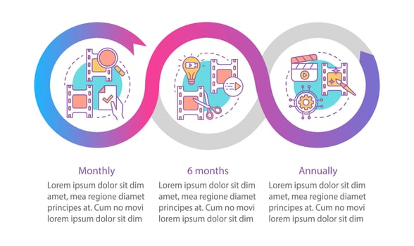 Video editor subscription vector infographic template. Business presentation design elements. Data visualization, three steps. Monthly tariff. Process timeline chart. Workflow layout, linear icons