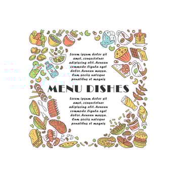 Menu dishes article page vector template. Restaurant food word concepts banner with text space. Isolated lettering typography idea with color icons. Flyer, brochure, leaflet, poster design layout