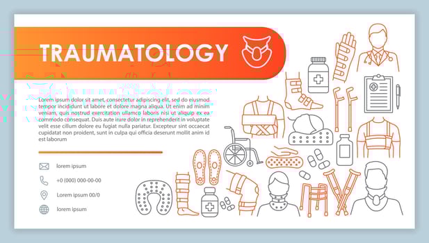 Traumatology web banner, business card vector template. Rheumatology clinic contact page with phone, email linear icons. Injury treatment presentation, web page idea. Corporate print design layout