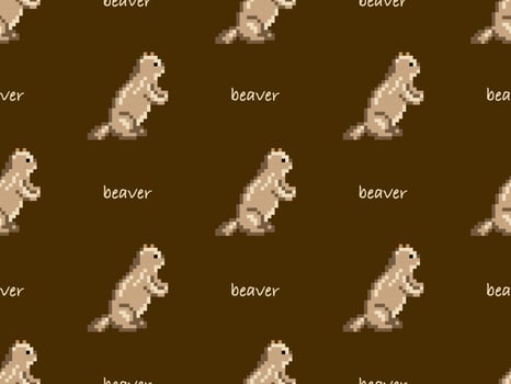 Beaver cartoon character seamless pattern on brown background. Pixel style vector