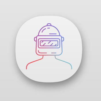 Game soldier app icon. Player, soldier, warrior protective gear. Virtual game inventory. Welder headgear. Welding helmet. UI UX user interface. Web or mobile application. Vector isolated illustration