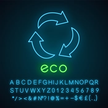 Eco label neon light icon. Three curved arrow signs. Recycle symbol. Environmental protection sticker. Alternative energy. Glowing sign with alphabet, numbers and symbols. Vector isolated illustration