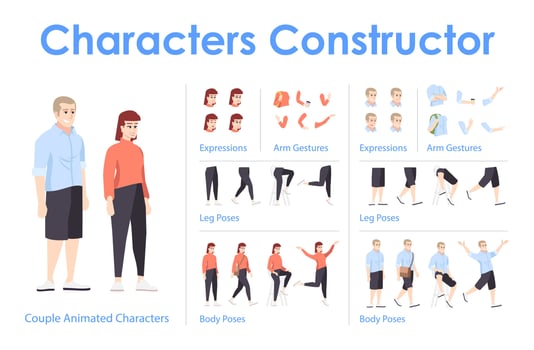 Young couple front view animated flat vector characters design set. Man and woman constructor with various face emotion, body poses, hand gestures, legs kit