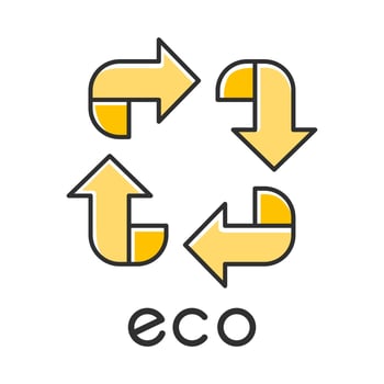 Eco label color icon. Four yellow angled arrow signs. Recycle symbol. Alternative energy. Environmental protection sticker. Eco friendly chemicals. Organic cosmetics. Isolated vector illustration