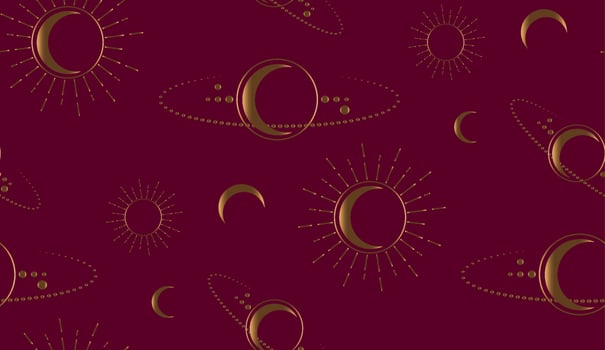 gold Seamless Space Mystical Sacred geometry. Moon, sun, stars, orbits. Crescent Moon magic pagan Wicca goddess symbol. Alchemy, esoteric, occultism. Vector isolated on dark red background