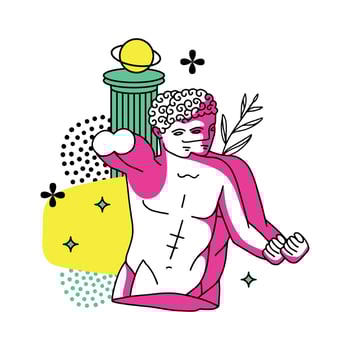 Psychedelic surreal colorful male greek bust, ancient sculpture with abstract elements. Cartoon linear vector illustration in trendy psychedelic trippy style.