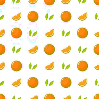 Seamless pattern with fresh whole, cut slice of orange fruit and green leaves on white background. Tangerine. Organic fruit. Vector illustration for design, web, wrapping paper, fabric, wallpaper.