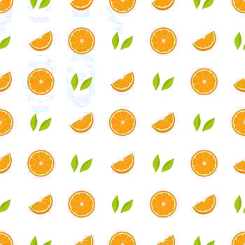Seamless pattern with fresh half, cut slice of orange fruit and green leaves on white background. Tangerine. Organic fruit. Vector illustration for design, web, wrapping paper, fabric, wallpaper.