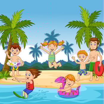 Cartoon happy family at the beach vector