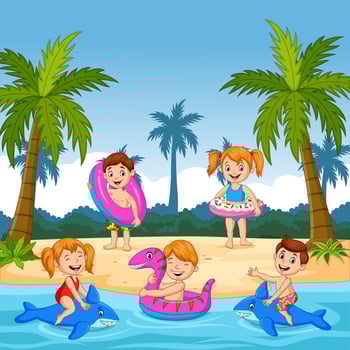 Cartoon happy children playing on tropical island vector