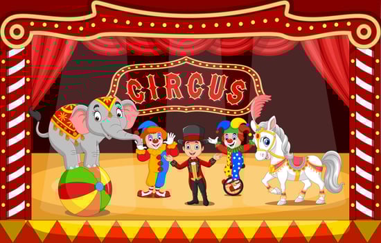 Cartoon circus performers on circus arena with clowns, tamer and animals vector