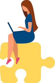 Busy woman with laptop sitting on puzzle piece semi flat color vector character