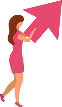 Beautiful woman with arrow pointing up semi flat color vector character