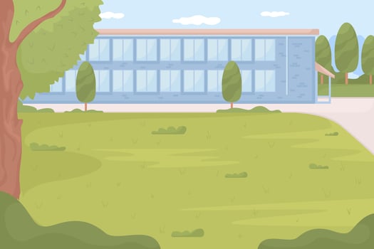 High school surrounded by green schoolyard flat color vector illustration