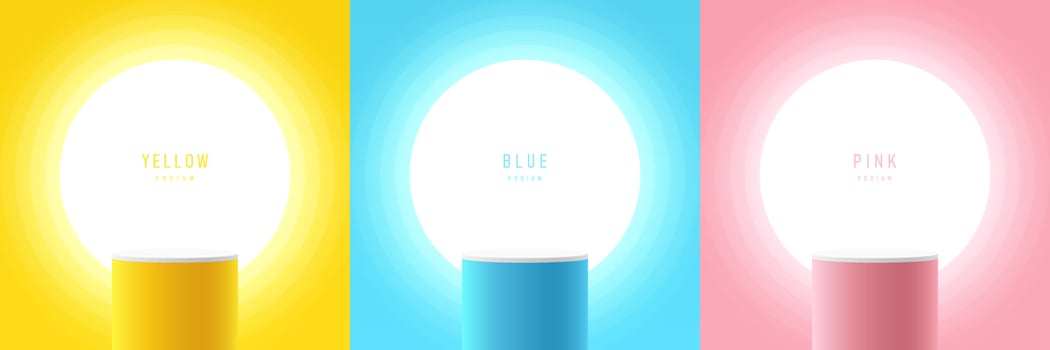 Set of yellow, blue, pink, white realistic 3d cylinder stand podium with glowing neon light circle scene. Abstract vector geometric forms. Minimal wall scene. Stage showcase, Mockup product display.