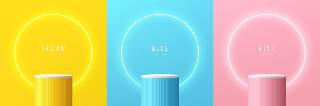 Set of yellow, blue, pink, white realistic 3d cylinder stand podium with glowing neon in circle shape. Abstract vector rendering geometric forms. Minimal scene. Stage showcase, Mockup product display.
