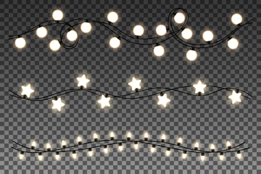 Glowing lights isolated on transparent background. Set of realistic glowing garlands. Vector illustration.