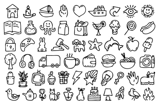 Line art icon set. Collection of hand drown icons with black thin line, universal, versatile outline vector icons, linear simple illustrations set.