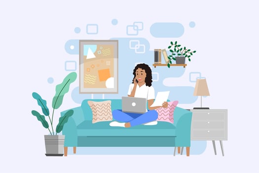 Girl sitting in armchair at home. Woman with laptop on the chair. Freelance or studying concept. Female character, chatting using smartphone. vector