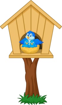 Mother bird with her two babies in the nest vector
