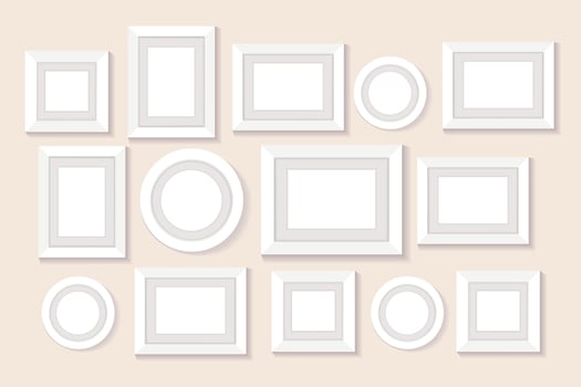 Frame collage on wall. Blank, empty pictures. Circle, square photo frame for interior decor. Isolated illustration on pastel background. Vector illustration.