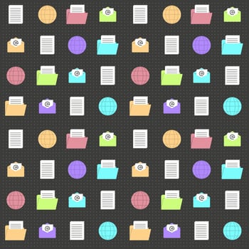 Old PC seamless pattern with text and email icons. Software game geek elements. Technology background. Repeat tile for aged projects. Vaporwave wallpaper from 90s vector