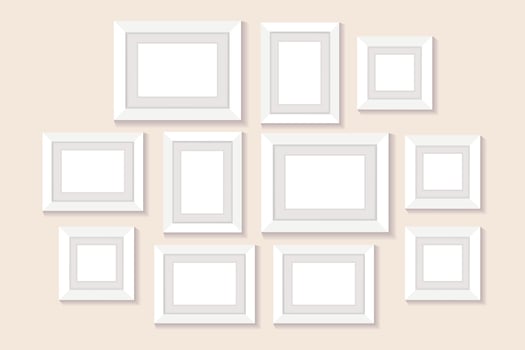 Frame collage on wall. Empty pictures. Square photo frame for decoration. Isolated illustration on pastel background. Vector illustration.
