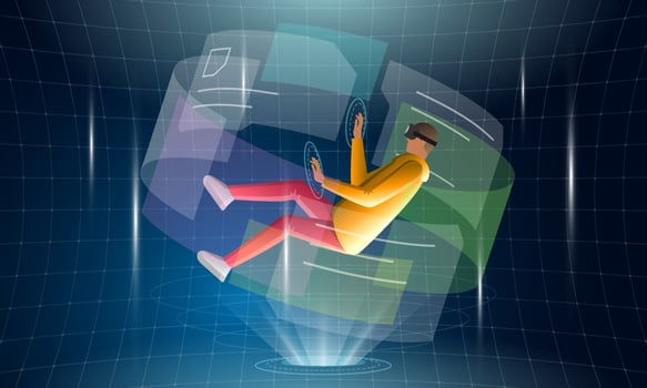Guy with VR helmet connecting to futuristic technology metaverse virtual reality and surrounded with future interface 3d hologram big data. Young man controls with meta cyber space headset. Vector eps