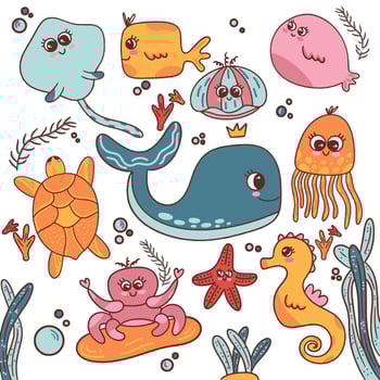 Octopus, jellyfish, fish, crab shell turtle corals on white background vector
